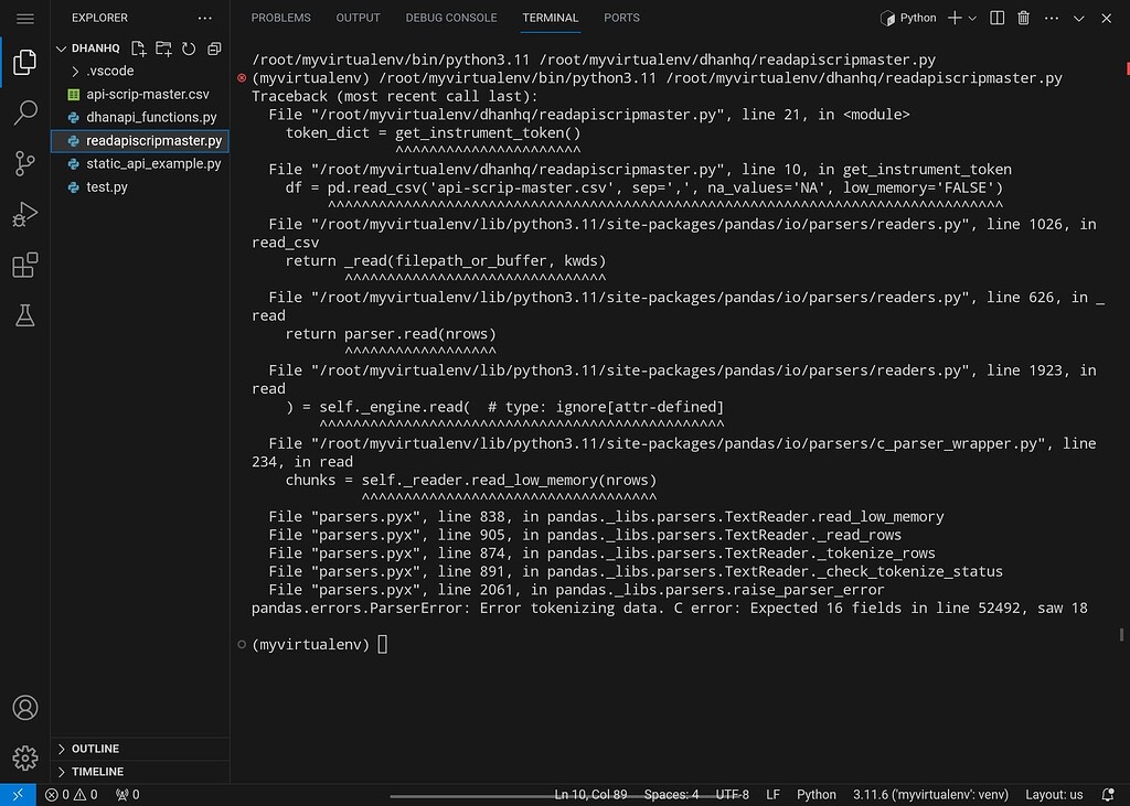 Getting Parser Errors and tokenizing data errors while reading "api ...