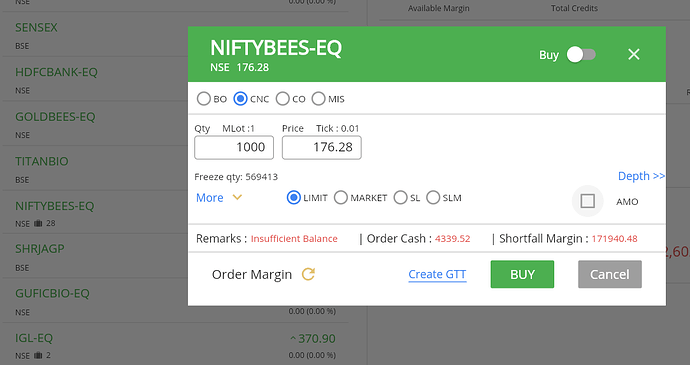 SCREENSHOT OF ORDER WINDOW