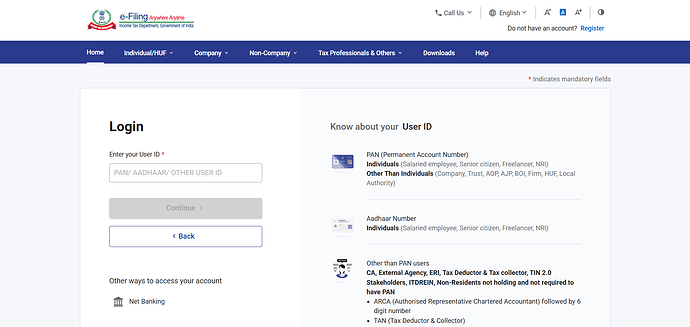 Log in to the Income Tax Portal