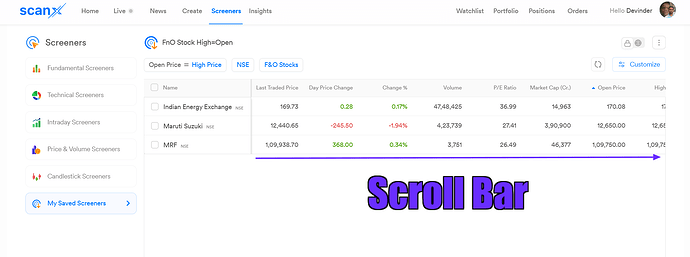 Dhan ScanX Scroll Bar