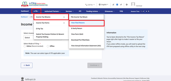 Navigate to View Filed Returns