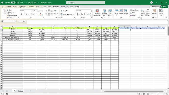 Previous Day Data Websocket Excel