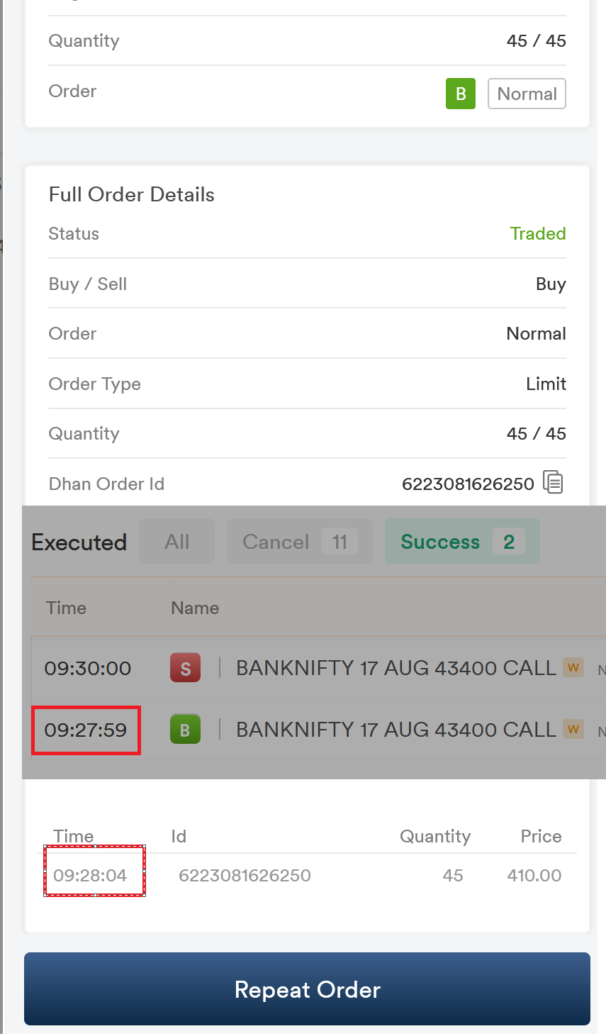 Orders page shows the order entry time rather than the executed time