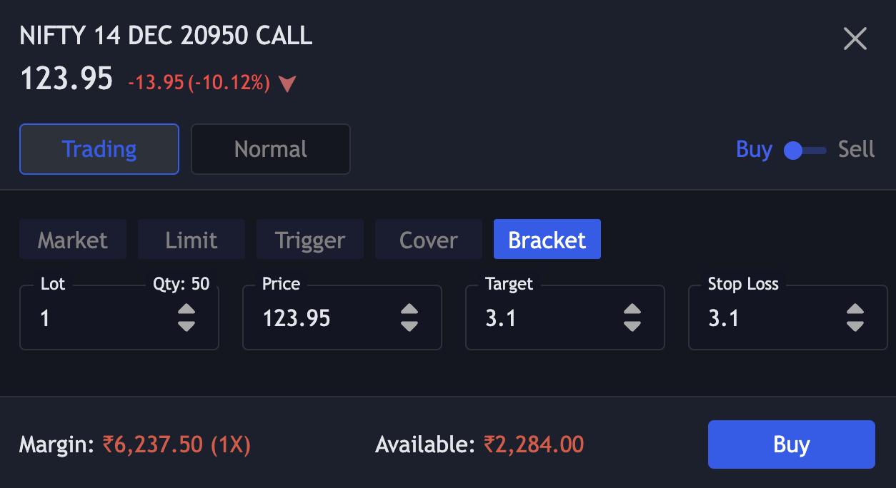 Default SL and Target values in bracket order for option trading ...